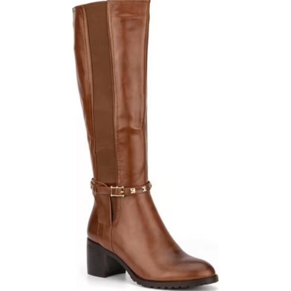 Torgies Womens 6 Cognac Brown Faux Leather Riding Boots With Gold Studded Strap - Picture 13 of 16